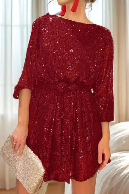 Sequin Tie Waist Long Sleeve Mini Dress Lavish Daily