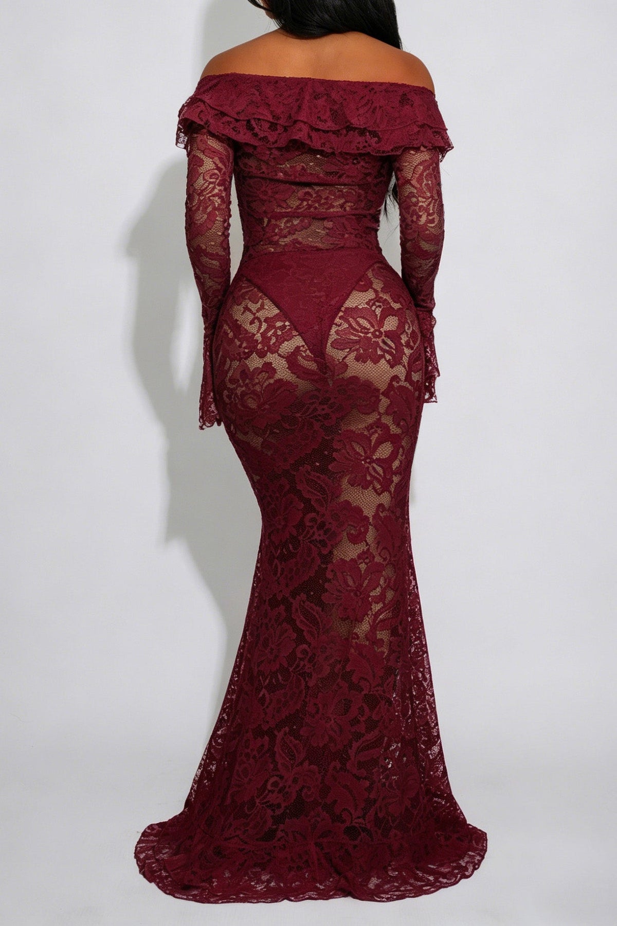 Sheer Lace Ruffled Slit Maxi Dress Lavish Daily