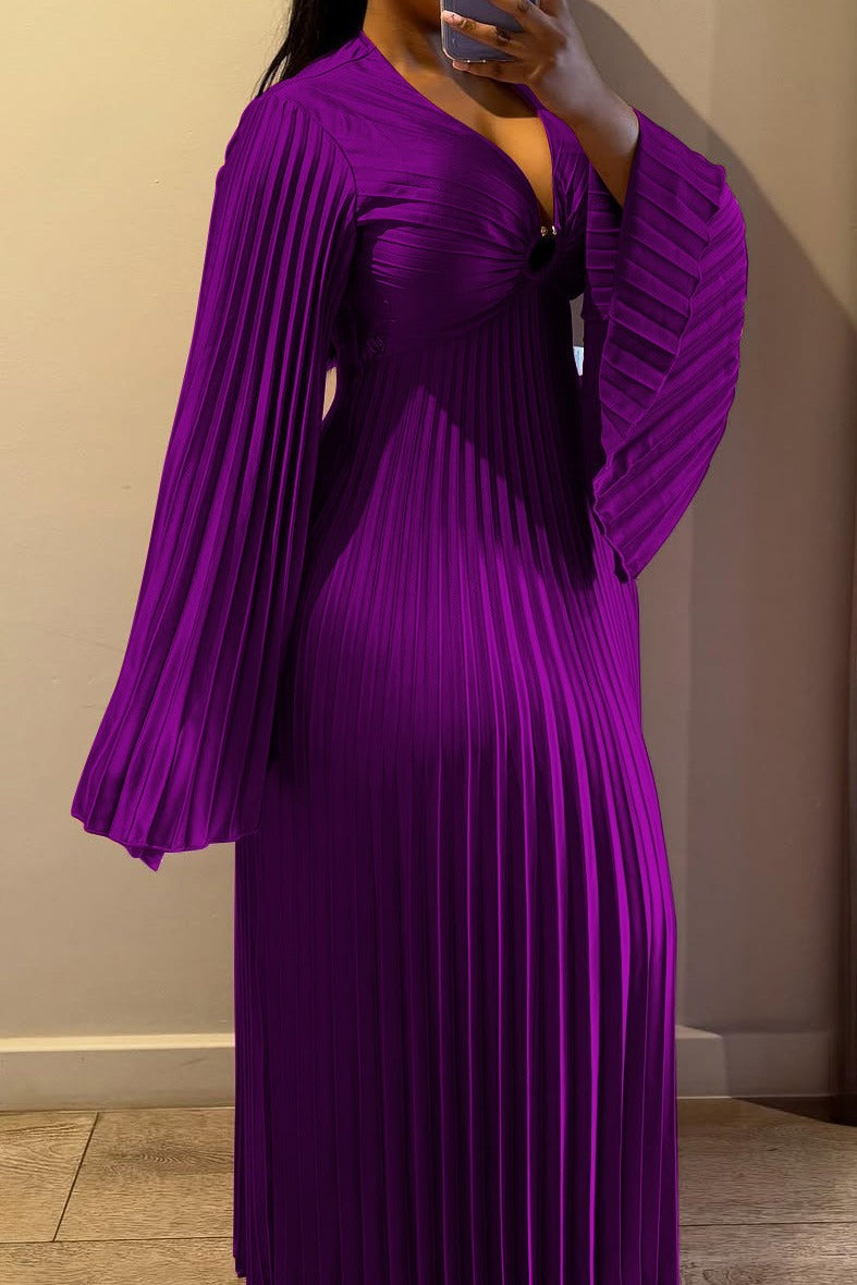 Plus Size V-Neck Pleated Flare Sleeve Maxi Dress Lavish Daily
