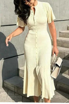 Collared Buttoned Short Sleeve Knit Midi Dress Lavish Daily