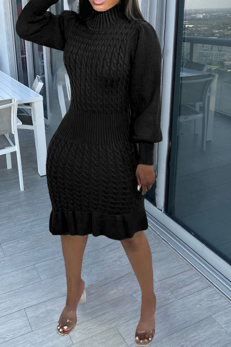 Ruffled Knitted Turtleneck Dresses Lavish Daily