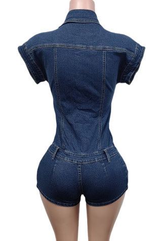 Fitted Denim Button Short Jumpsuit Romper Lavish Daily