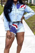 Casual Denim Set with Flag Print for Women Lavish Daily
