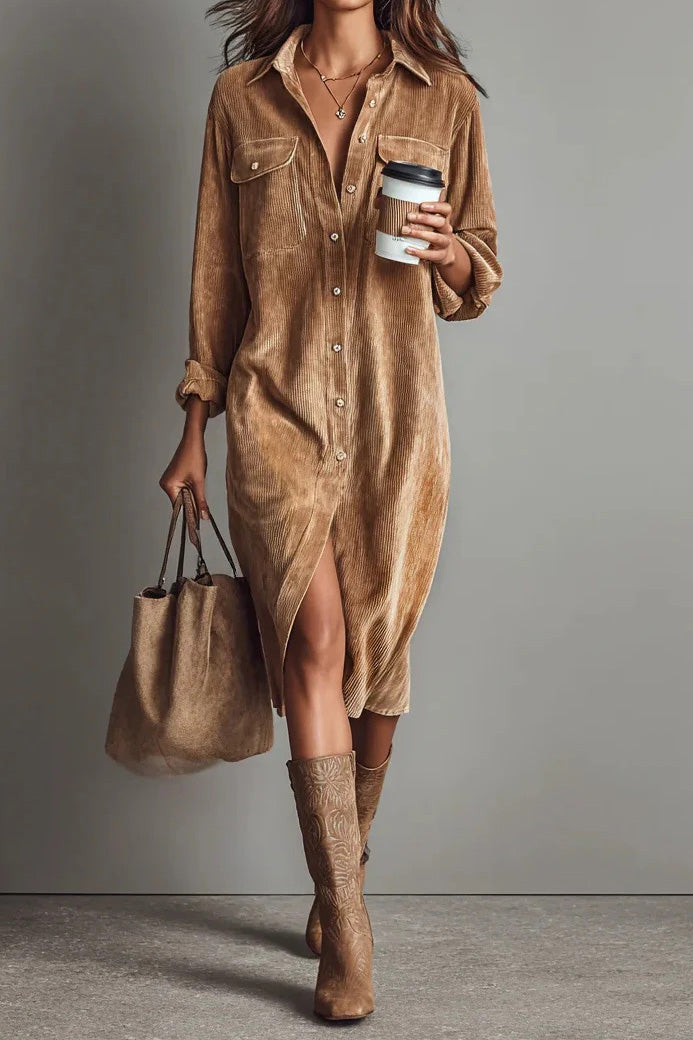 Single Breasted Pocket Shirt Style Midi Dress LavishDaily