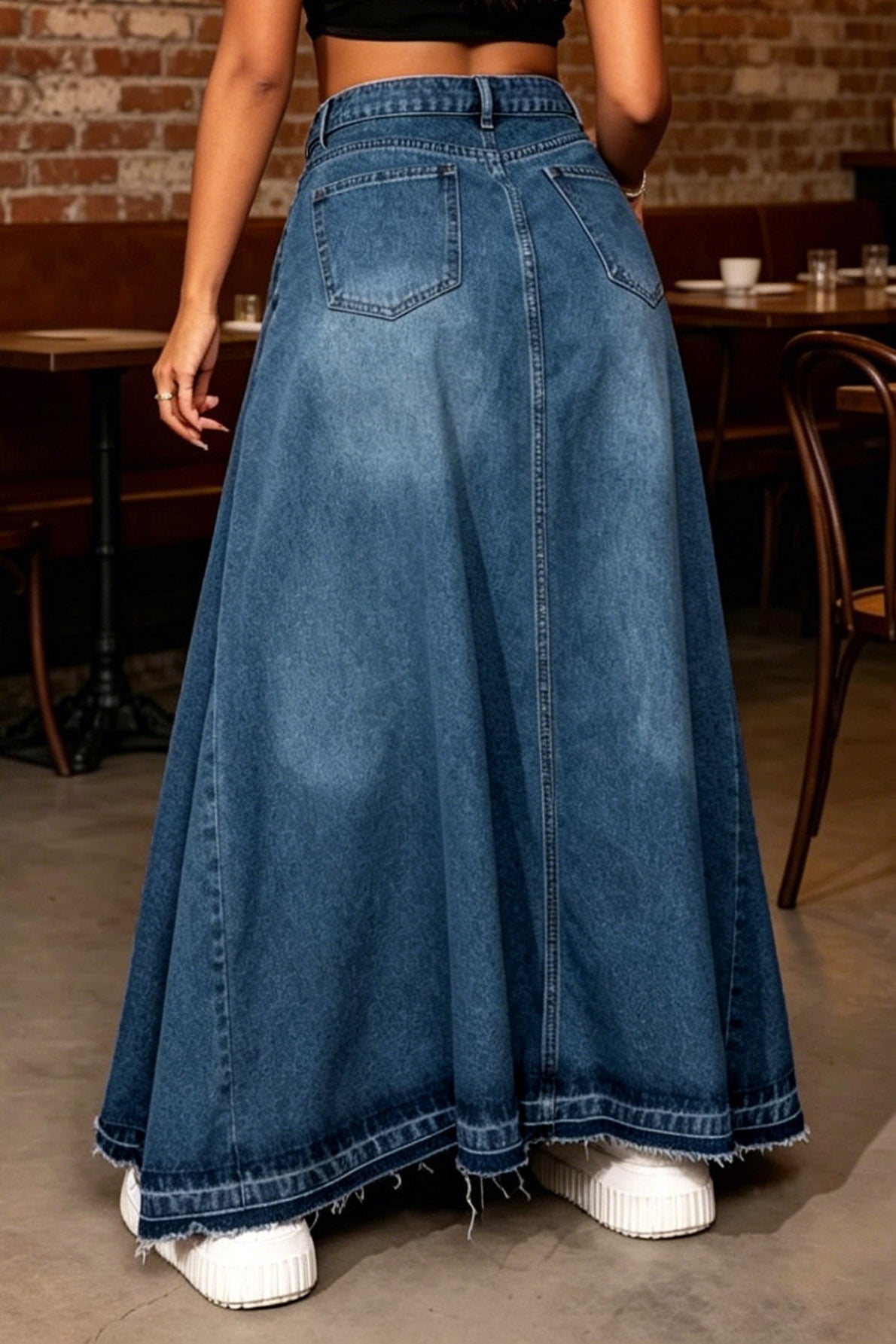 Raw-Hem A-Line Denim Maxi Skirt Lavish Daily