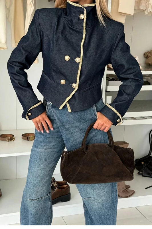 Contrast-Trim Cropped Military Jacket Lavish Daily