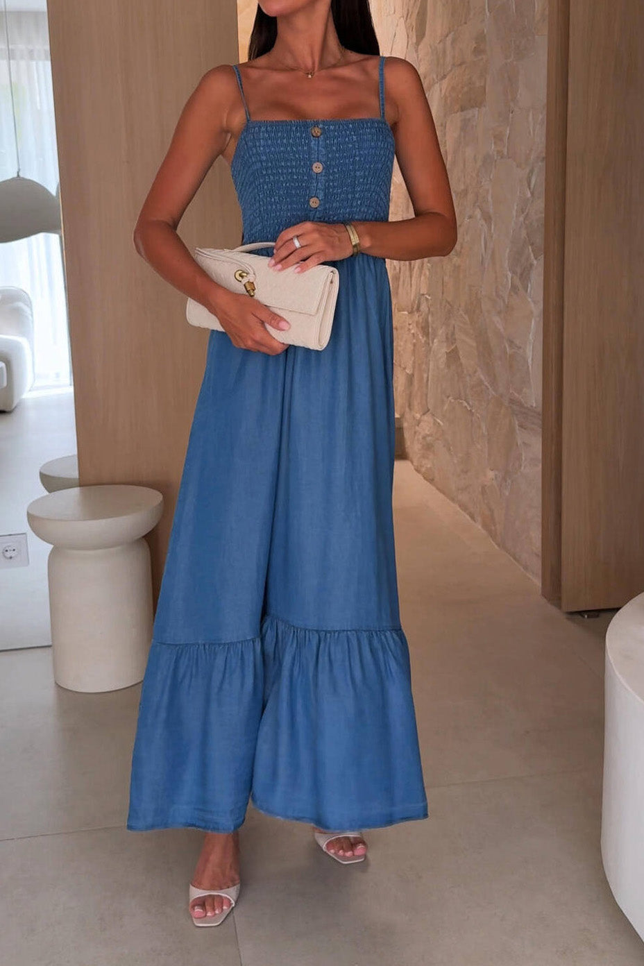Denim Ruffle Trim A-Line Cami Dress Lavish Daily