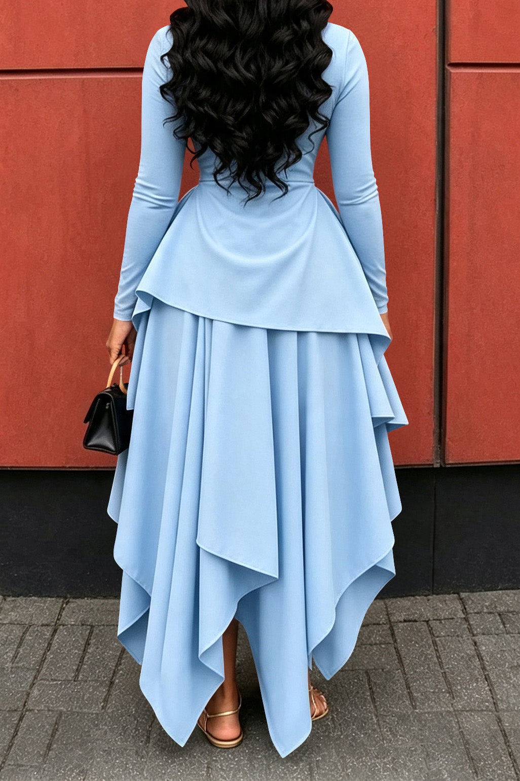 Long-Sleeve Ruffle Hem High-Low Dress Lavish Daily