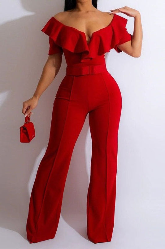 Plunging Ruffle Off-The-Shoulder Belted Flared Jumpsuit Lavish Daily