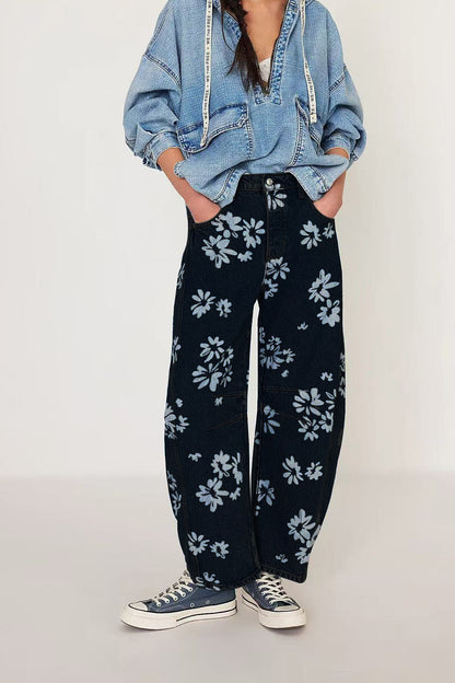 Floral Print Relaxed Barrel Leg Jeans Lavish Daily