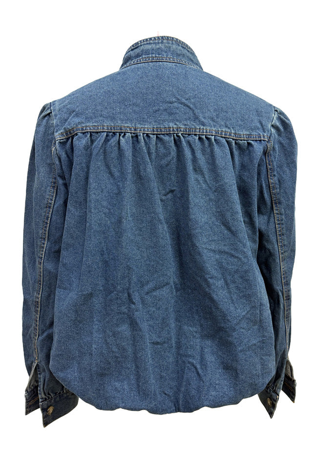 Puff-Sleeve Stand-Collar Denim Jacket Lavish Daily