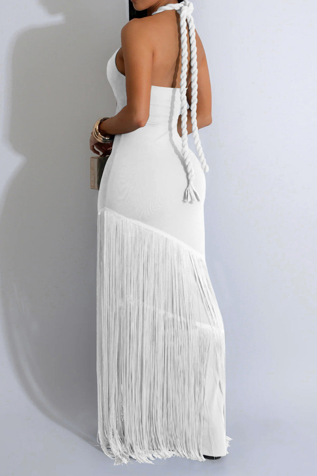 Halter Cutout Fringe Maxi Dress Lavish Daily