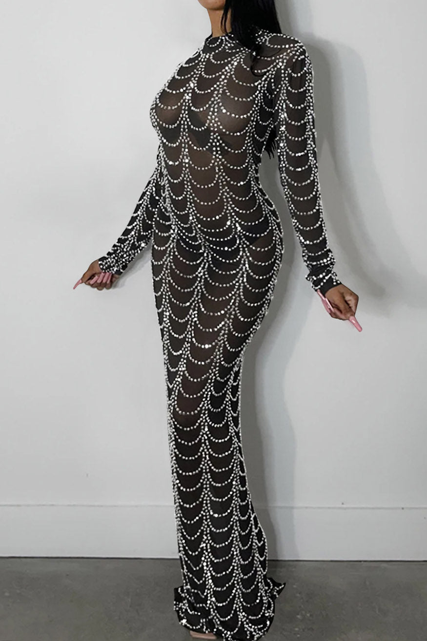 Rhinestone Long-Sleeve Sheer Maxi Dress Lavish Daily