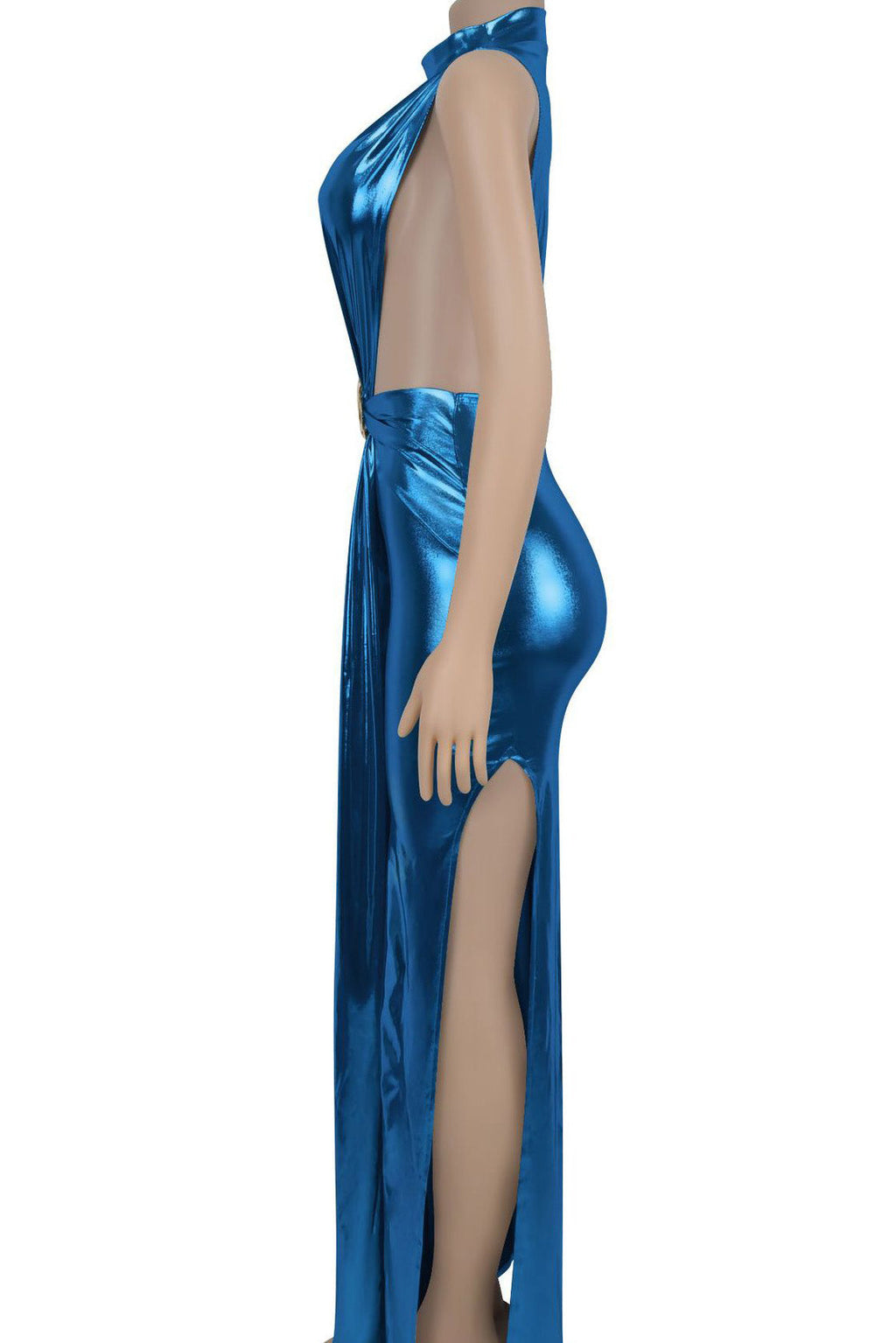 Glossy Side-Slit Mock Neck Maxi Dress Lavish Daily