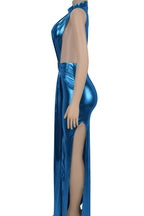 Glossy Side-Slit Mock Neck Maxi Dress Lavish Daily