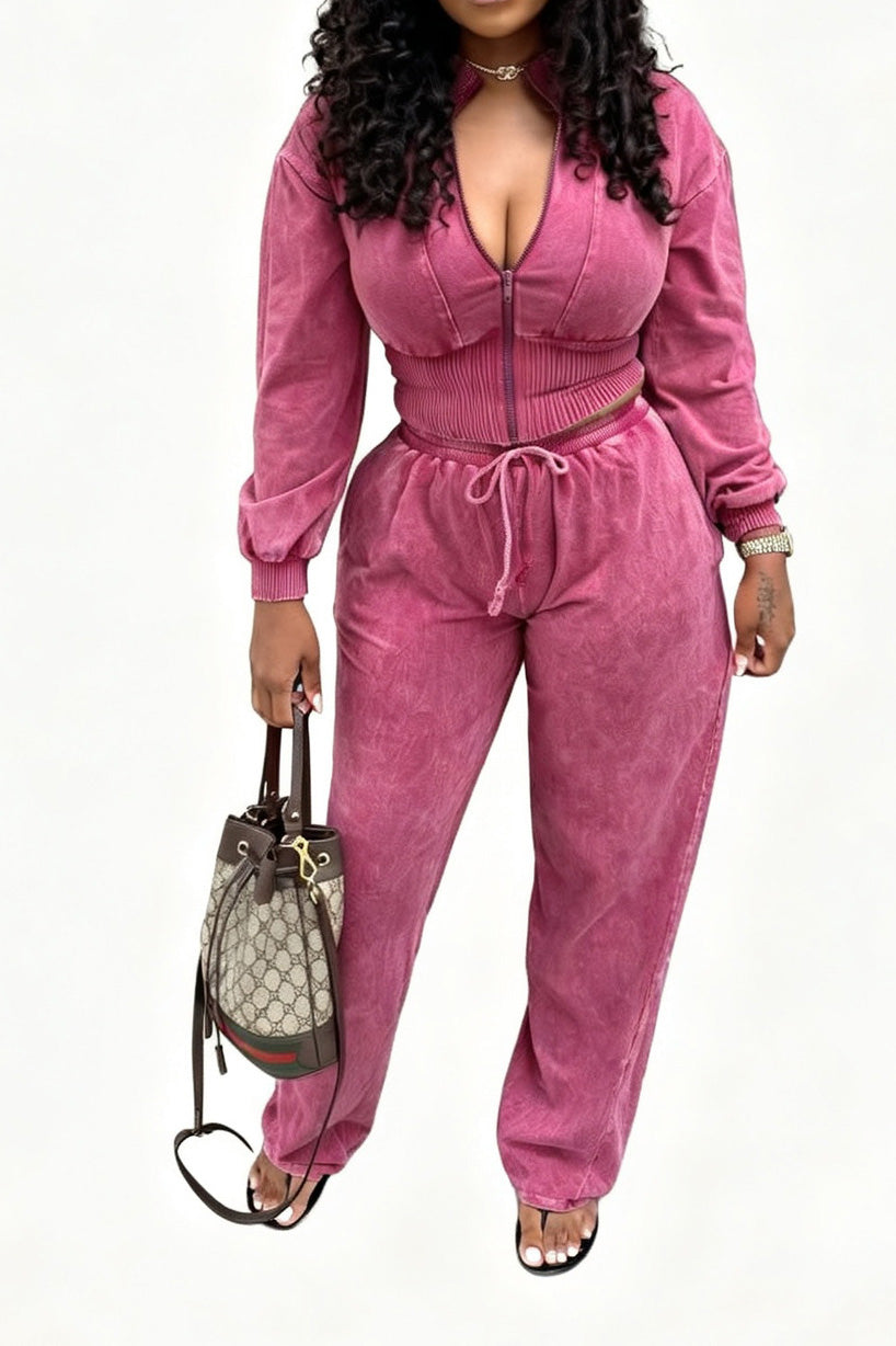 Washed Cropped Zip Jacket Jogger Pants Set Lavish Daily