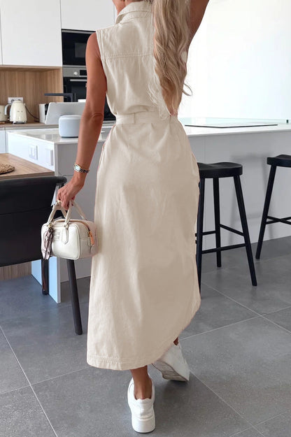 Sleeveless Belted Utility Maxi Shirt Dress Lavish Daily