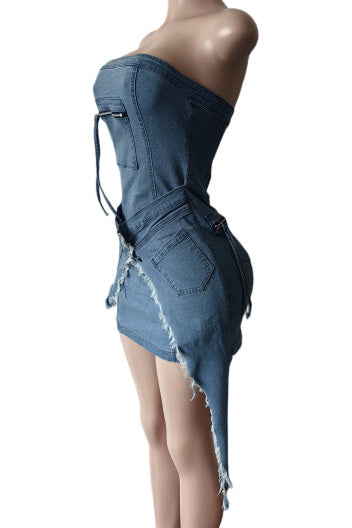 Asymmetrical Reworked Denim Mini Dress Lavish Daily