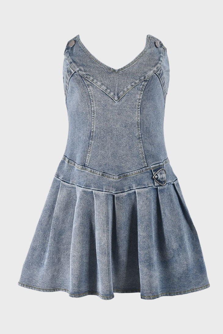 V Neck Pleated Denim Dress Lavish Daily