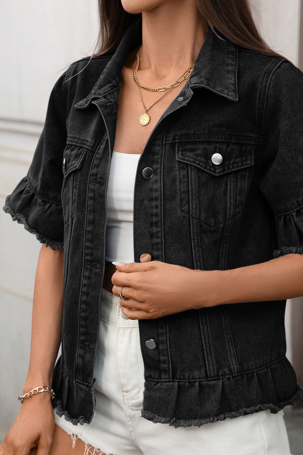 Ruffled Raw Hem Short Sleeve Denim Jacket Lavish Daily