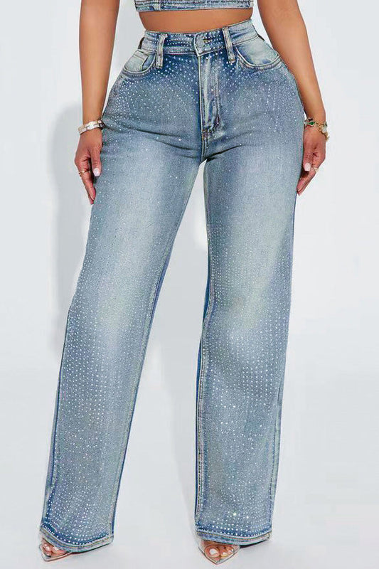 Rhinestone Straight Leg Jeans Pants Lavish Daily