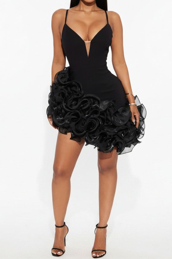 Plunging 3D Ruffle Asymmetrical Mini Dress Lavish Daily