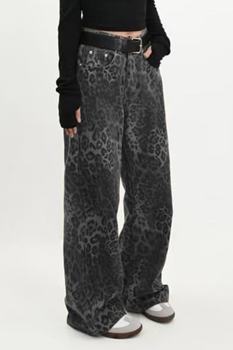Vintage Leopard Print Wide Leg Denim Pants Lavish Daily