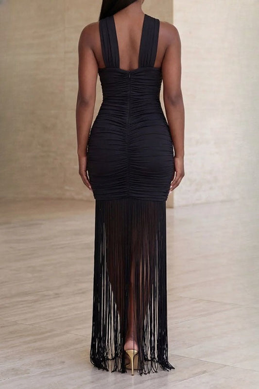 Cross-Front Mesh Illusion Ruched Fringe Maxi Dress Lavish Daily