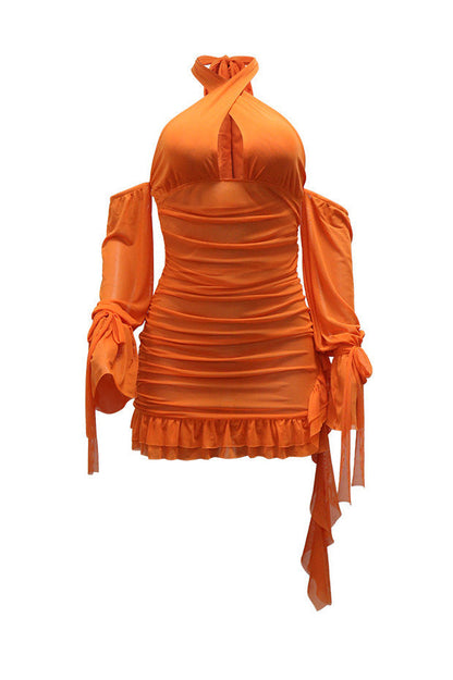 Ruched Mesh Cutout Halter Mini Dress Lavish Daily