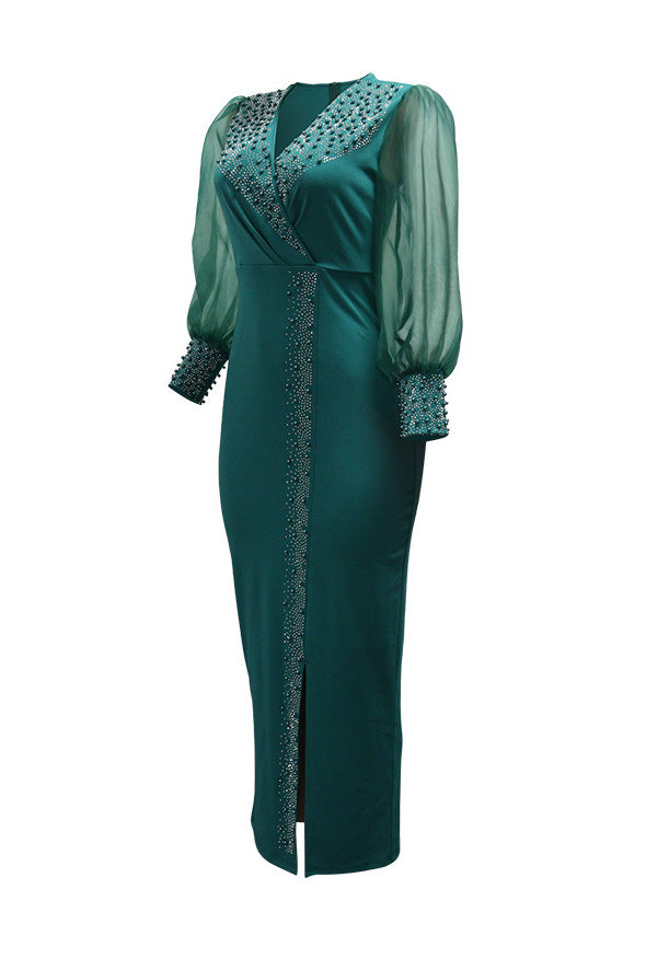 Rhinestone V-Neck Puff Sleeve Maxi Dress Lavish Daily