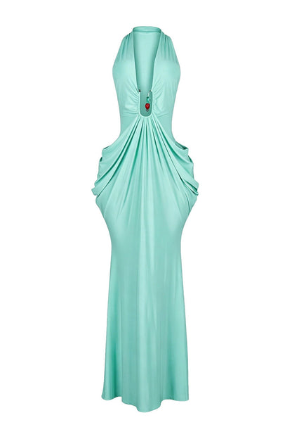 Plunging Halter Beaded Cutout Maxi Dress Lavish Daily