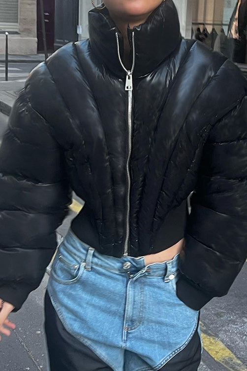 Diffraction Stitching Cropped Padded Jacket Lavish Daily