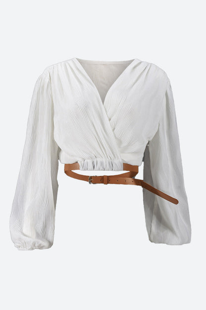 V-Neck Belted Long-Sleeve Shirt Lavish Daily