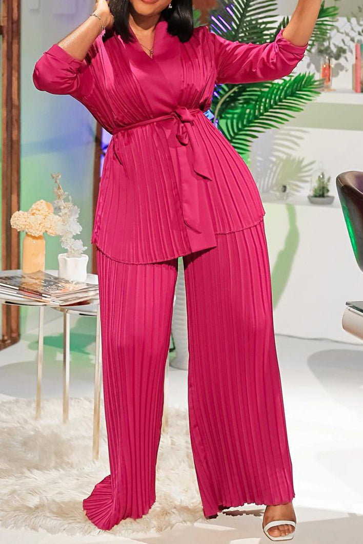 V Neck Long Sleeve Tops Wide Leg Pants Set Lavish Daily