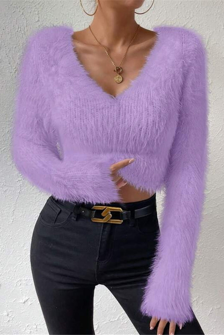 V Neck Slim Plush Short Sweater LavishDaily