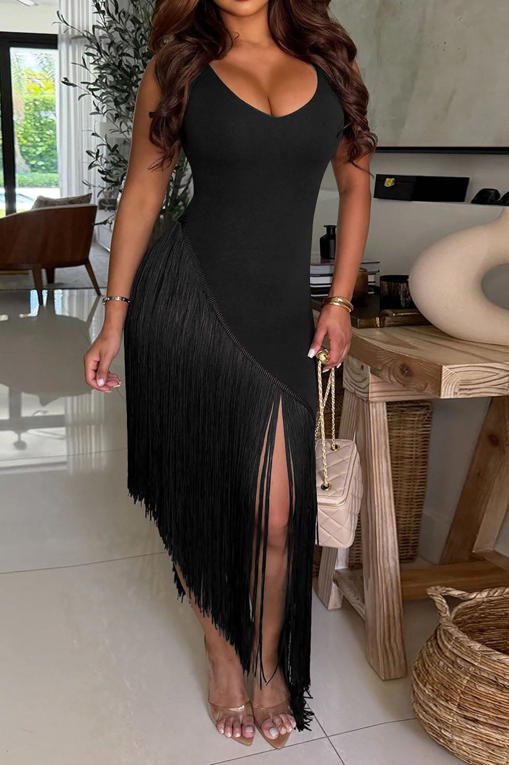 Sleeveless Asymmetrical Fringe Maxi Dress Lavish Daily