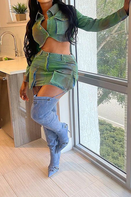 Cropped Denim Jacket and Cargo Skirt Set Lavish Daily