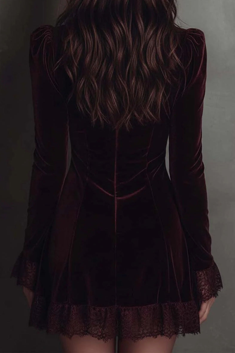 Velvet & Lace Patchwork V-Neck Mini Dress Lavish Daily