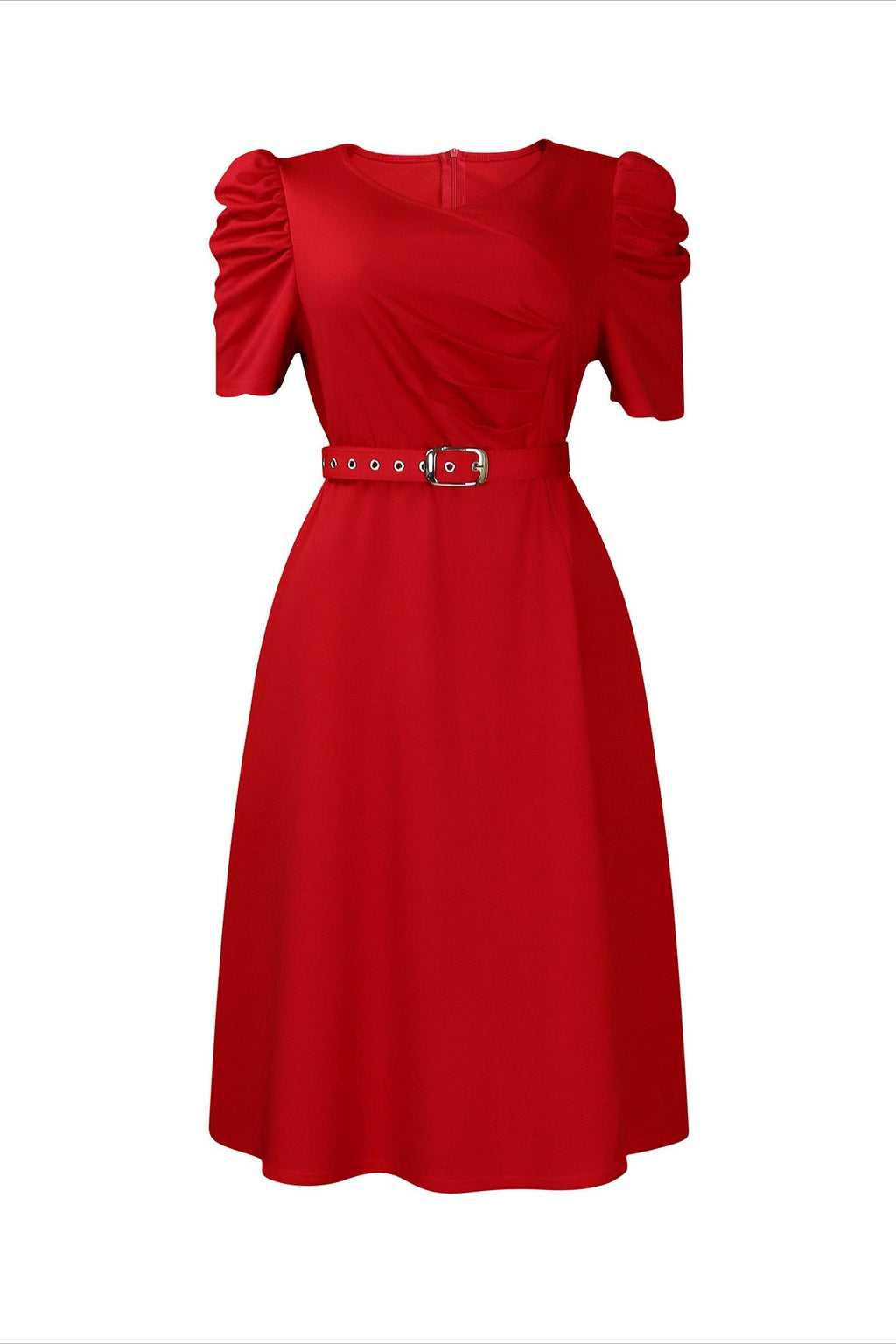 V Neck Short Puff Sleeves High Waist Midi Dress Lavish Daily