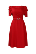 V Neck Short Puff Sleeves High Waist Midi Dress Lavish Daily