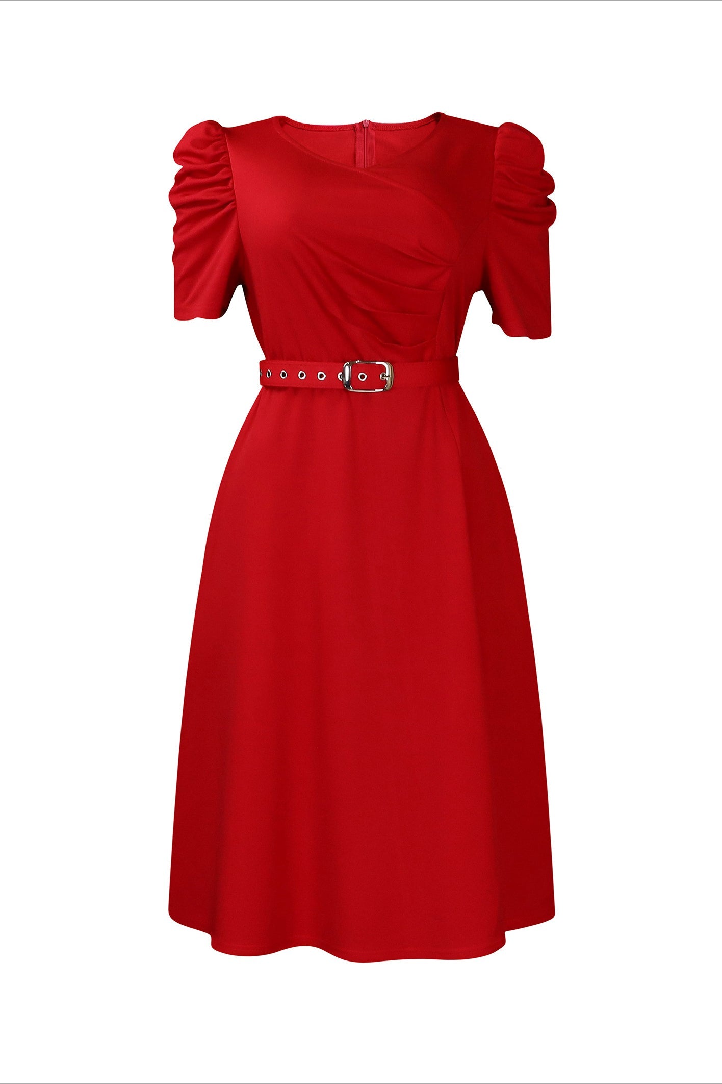 V Neck Short Puff Sleeves High Waist Midi Dress Lavish Daily