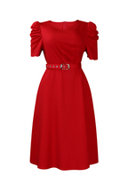 V Neck Short Puff Sleeves High Waist Midi Dress Lavish Daily