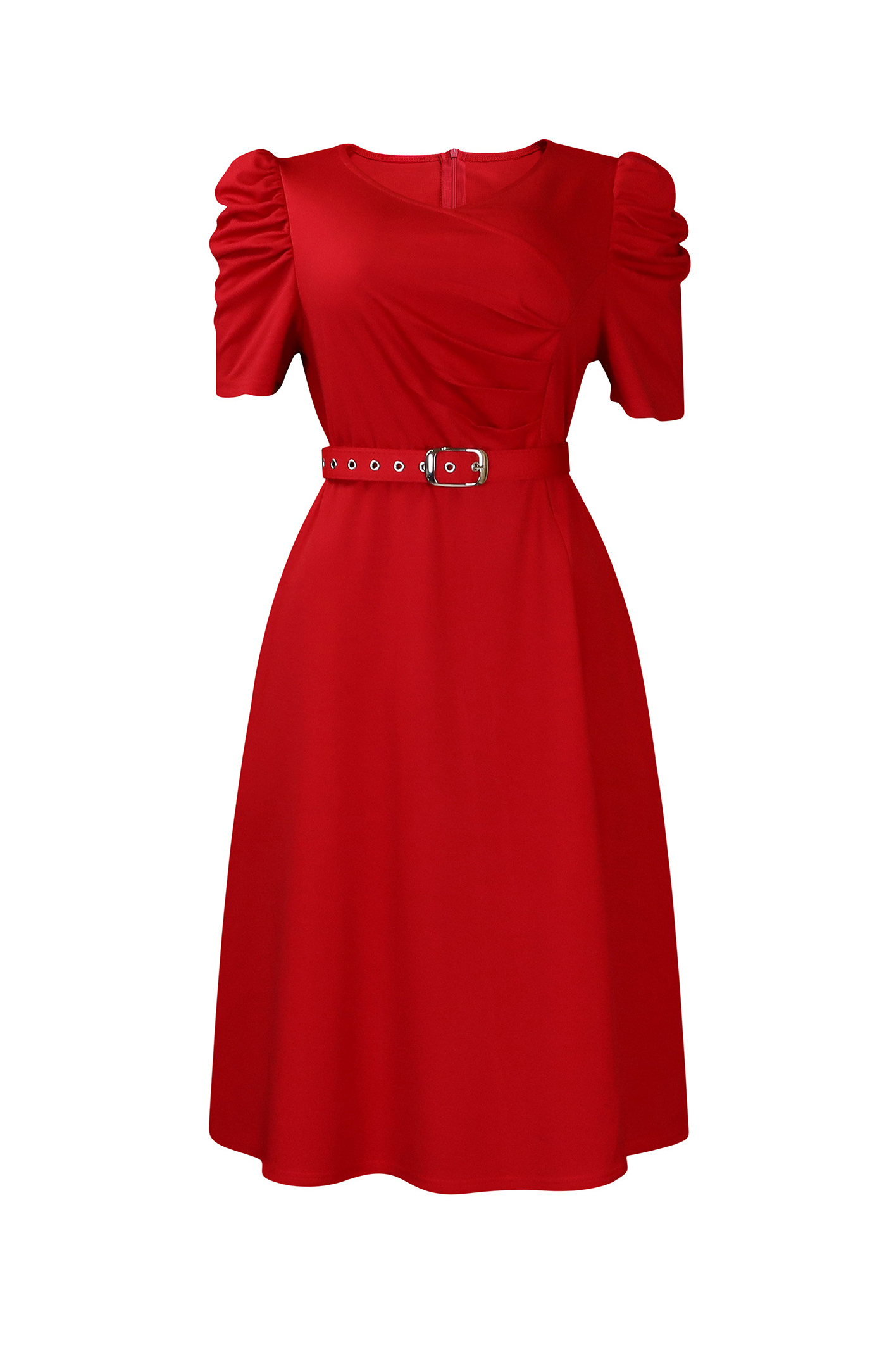 V Neck Short Puff Sleeves High Waist Midi Dress Lavish Daily