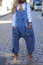 Denim Drawstring Wide Leg Overall Jumpsuit LavishDaily