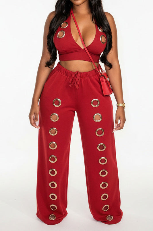 Oversized Eyelet Halter Crop Top & Pant Set Lavish Daily