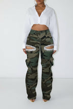 Rhinestone Embellished Denim Cargo Pants Lavish Daily