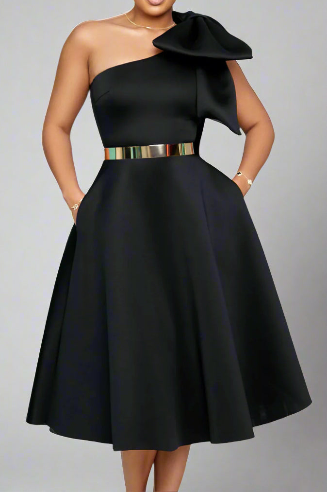 Single Shoulder Bow Detail Flare Midi Dress Lavish Daily