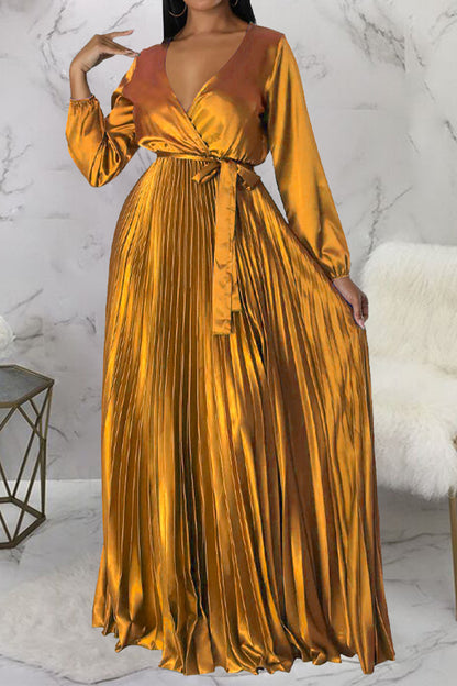Faux Silk Pleated Tie-Waist Maxi Dress Lavish Daily