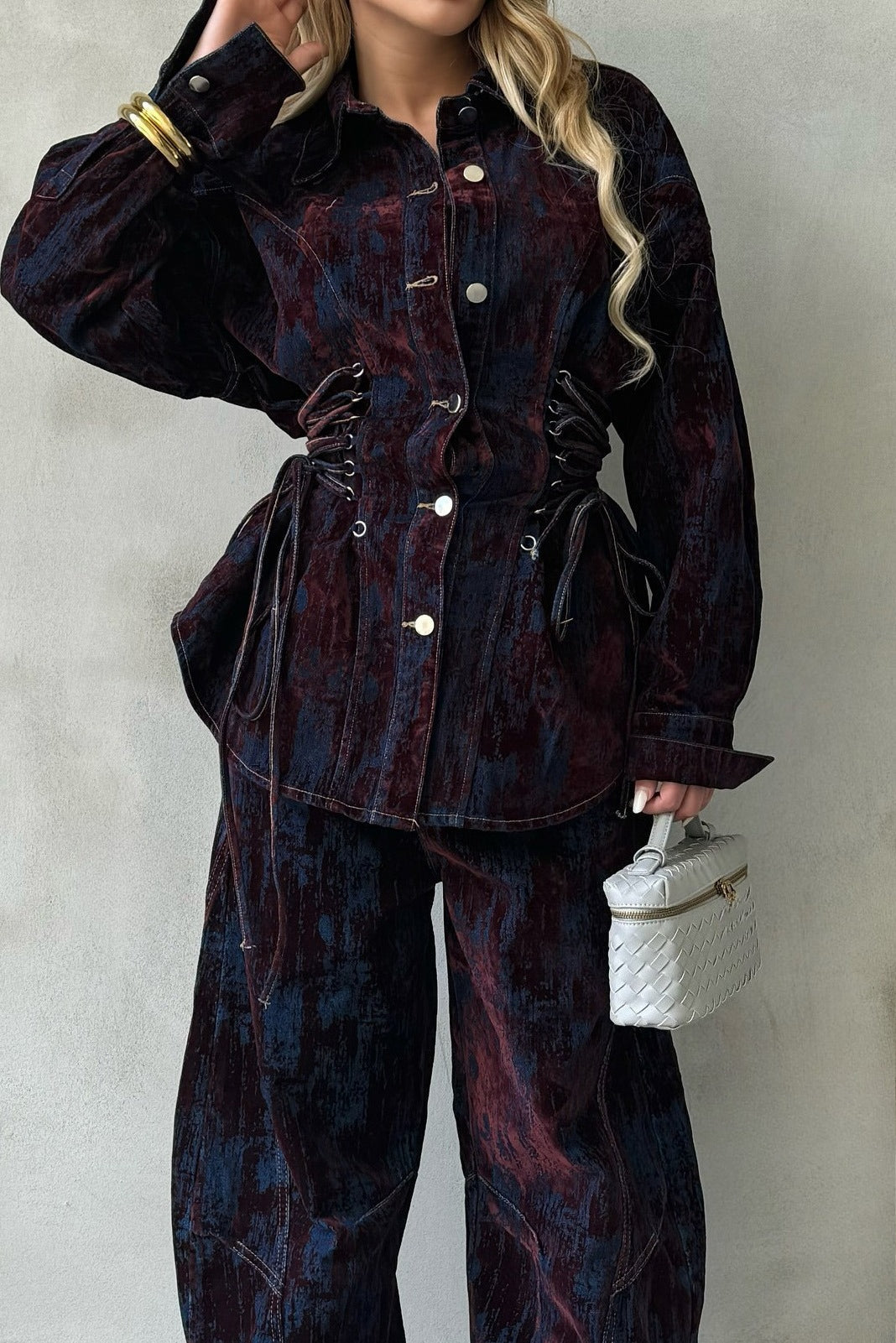 Printed Contrast Denim Jacket & Pants Set Lavish Daily