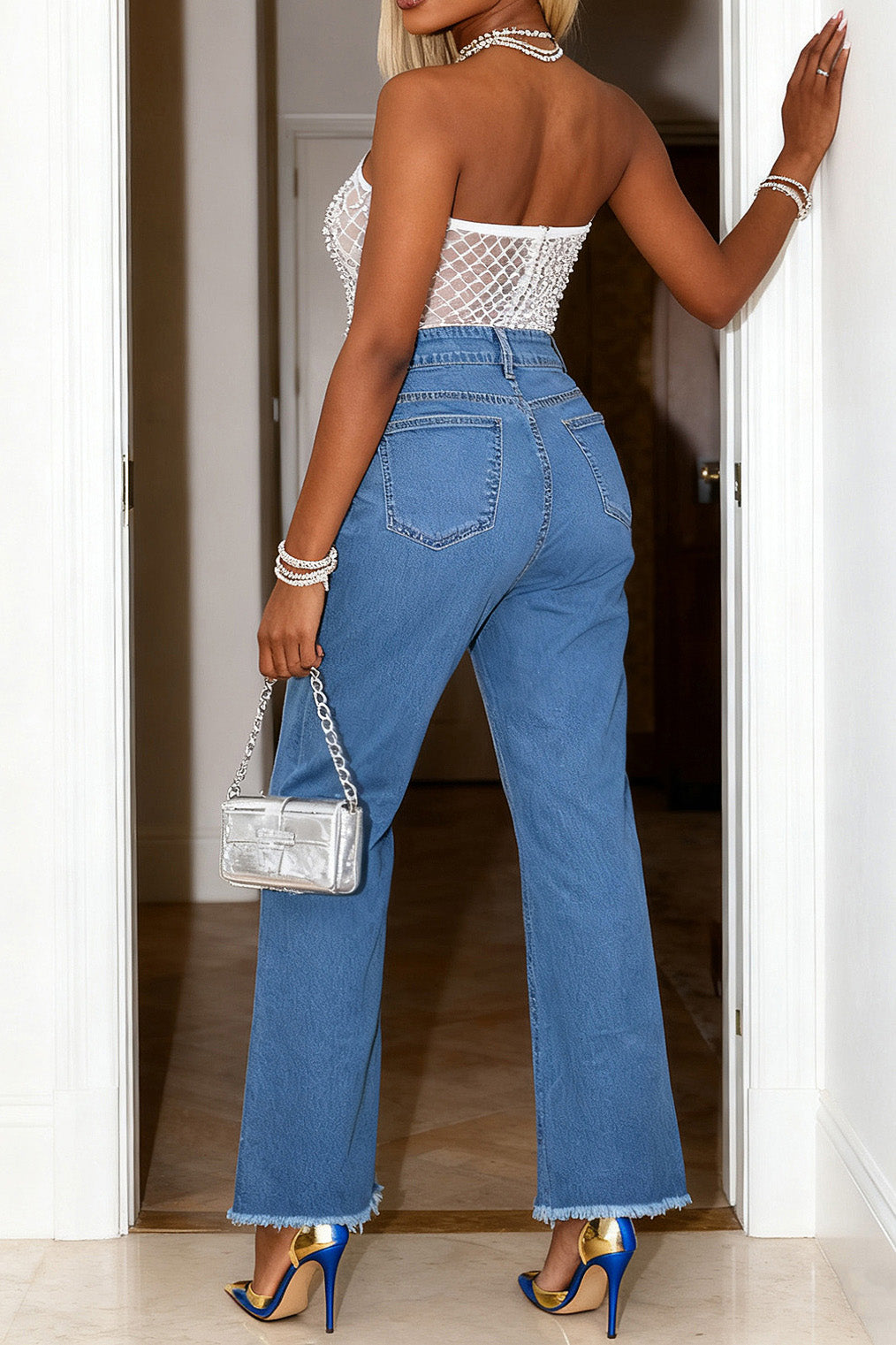 Blue Rhinestones Jeans Lavish Daily